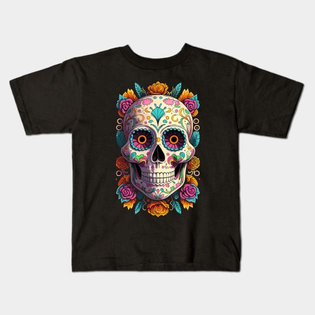 Dia De Los Muertos, Retro Sugar Skull Design Kids T-Shirt by PugSwagClothing